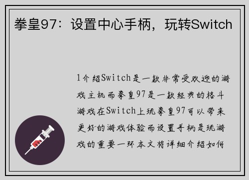 拳皇97：设置中心手柄，玩转Switch