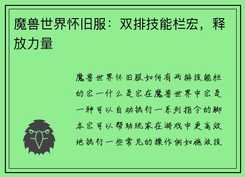 魔兽世界怀旧服：双排技能栏宏，释放力量